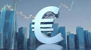 Euro symbol on a digital stock market background with charts and graphs, representing currency exchange and financial data