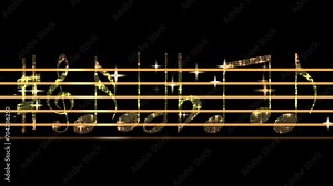 4K Music Note Animation for melody sound and orchestra concert. notes, clefs, and other musical staff symbols fly in colorful light rays for the intro, concert, titles, credits, show, portfolio, scree