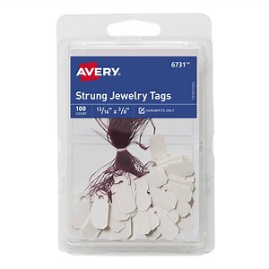Avery String Tag Labels, Jewelry, 13/16" x 3/8", Paper, White, Purple String, Handwrite, 100 Tags