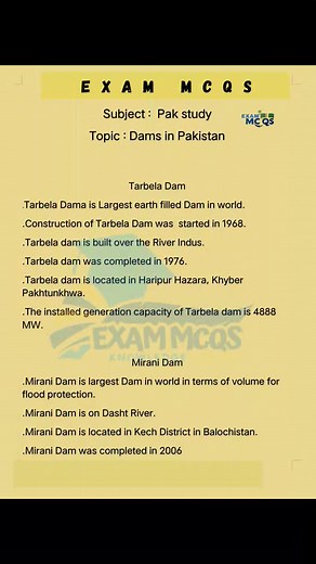 72K views · 1.1K reactions | Dams in Pakistan. Follow EXAM MCQS CSS, FPSC, PPSC, SPSC+ Current Affairs #gkmcqs #generalknowledge #knowledge #doyou #study #MCQs #ppscjobs2024 #SpscTest #PPSCMCQS #CSSExam #spscjobs #FPSC #fpscjobs #FPSCExams #PakStudies #MCQs #css #PakistanStudies #SPSC #spscjobs #CSSAspirants #tarbeladam #csspreparation #KalabaghDam #Pakistan #viralreelsシ #viralreels #highlights #viralreel #reelsfacebook | EXAM WORLD MCQS CSS,PMs,SPSC | Facebook