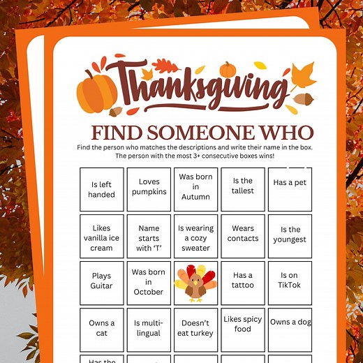 Thanksgiving Find Someone Who BINGO, Printable Thanksgiving Games, Thanksgiving Party Games, Kids Thanksgiving Activity, Thanksgiving BINGO - Etsy