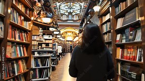 A woman walks through a charming library, admiring the intricate architecture and countless books lining the shelves, evoking a sense of tranquility.
