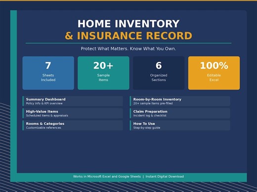 Home Inventory and Insurance Record Spreadsheet Printable Excel Template Personal Property Tracker