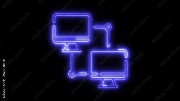 Neon Computer Network Icon Video HD - Glowing Connection Between Two Computers on Black Background Animated for Digital Communication and Technology Interaction
