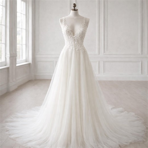 Elegant Ivory Wedding Dress – Deep V Lace Bridal Gown, Romantic Tulle A Line Party Dress - Etsy