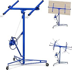 11FT Drywall Lift Sheetrock Lift, 150LBS Capacity, Drywall Lift Panel Hoist with Telescopic Arm, Drywall Jack Lift with 3 Lockable Wheels for Home Improvement Classic, 4'x16' Panel Size, Blue