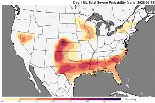 The latest look at the NSSL machine-learning severe weather probabilities for the next 2 weeks. Definitely some "hot days" that stick out a bit. Possibly a setup in the longer range where some severe weather episodes come and go for the eastern half of the U.S.
