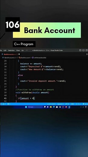 Creating a Bank Account Class in C++ with Deposit and Withdraw Functions | Code Leos#shorts#coding