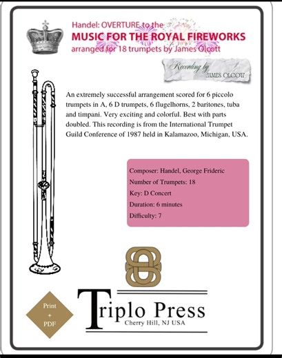 Today's featured product is Handel's overture for The Music for the Royal Fireworks!! Arranged masterfully for 18 trumpets by James Olcott, this piece is a wonderful addition to any collection. Grab your copy here: https://www.triplo.com/product/overture-from-royal-fireworks/ | Triplo Press