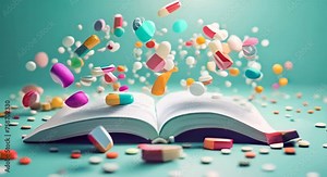 3D animation of an open book floating slightly above the ground, with various medical tools floating out from the pages, creating the