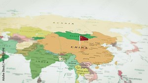 Animation video of China on the map and approaching its flag. Shot of the red China flag with a waving star in focus in high resolution. The country whose capital is Beijing.