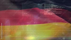 On start German flag waving while scrolling code and animating line and bar graphs showing growth