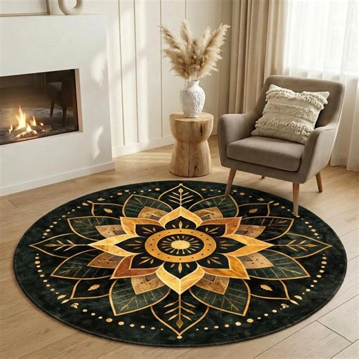 Boho Mandala Round Rug, Dark Green Gold Area Carpet - Etsy