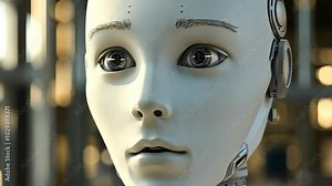 A close-up shot of a humanoid robot's face, the robot's eyes are wide open, and it has a surprised expression