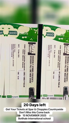 20 Days Left For Sechaba One Man show 👏🏽👏🏽👏🏽👏🏽🇧🇼🇧🇼🇧🇼💃🏽💃🏽 Remember to Get Your Tickets at Spar and Choppies Outlets 🔥👏🏽👏🏽 🗓 Date:Saturday, 15 NOVEMBER 2025 ⏰ Time:6pm till Late 📍 Venue:BOTLHALE INTERNATIONAL SCHOOL next to SARONA MALL (GABORONE) 🎟️ Ticket ARE AVAILABLE NOW: 🔥Early Bird: P150 🔥Golden: P200 🔥Premium: P500(Admit 2) 🔥VIP: P600 YOU CAN BUY ONLINE TICKETS LINK: 🔗 https://www.webtickets.co.bw/event.aspx?itemid=5727000 📍 Ticket Outlets: SPAR Available SPAR