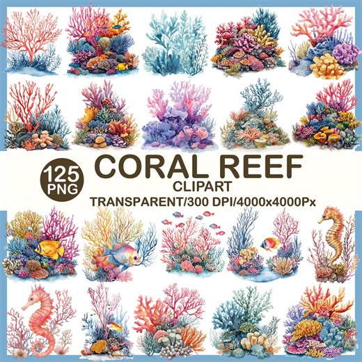 Watercolor Coral Reef Clipart Bundle, Ocean PNG Set (125 Files) (digital Download - Etsy