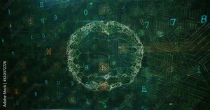 Animation of alphabets, numbers over digital brain with padlock and circuit board pattern