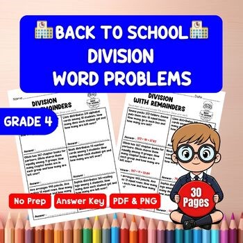 4th Grade Division with Remainders Word Problems Worksheets | Back to School Mat
