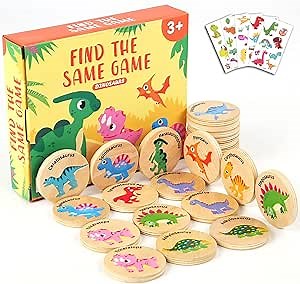 Wooden Match Memory Game for Kids, 24Pc Memory Matching Cards, Educational Memory Matching Game for Pre-Kindergarten Early Learning Development Kids-Dinosaur