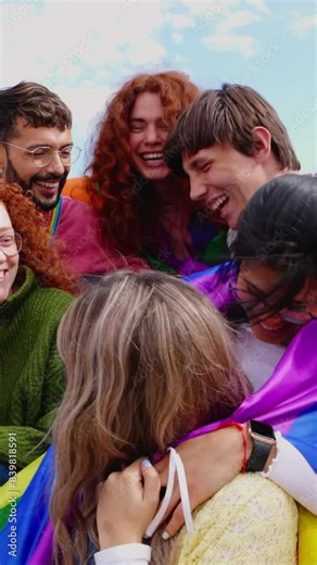 Vertical HD video of happy group of gay people having fun celebrating together LGBT pride festival day. LGBTQ community concept