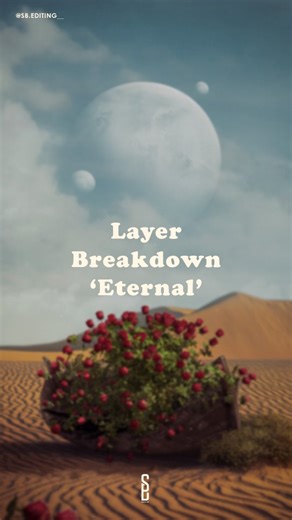 SB | digital artist on Instagram: "Let’s create a 2021 composition remake 👇 Hey guys, for today’s breakdown, we are going through the process of my remake of 'eternal' !🌹 - I began to work on the background by adjusting the sky and by placing the clouds in the artwork ! - Then, I added the sand dunes and the planets to finish the background ! Everything was close in terms of colors and shading, so only minor adjustments were needed here ! - I moved to the boat and roses. The hardest part was t