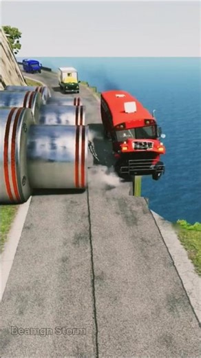Impossible Cliff Road Crash Test Bus vs Rolling Cylinders | BeamNG.drive