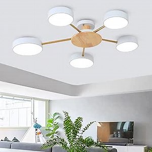 5-Lights LED Ceiling Light Fixture,32 Inch Modern Ceiling Lights Flush Mount Wooden 40W Dimmable Chandelier for Living Room Bedroom Kitchen,3000K/4000K/6000K Temperatures Selectable White