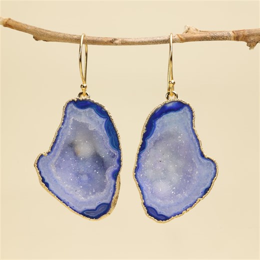 Aqua Blue Purple Agate Geode Earrings Gold Plated Brass, Druzy Slice Statement Earrings, Natural Stone Jewelry, Gift for Her - Etsy
