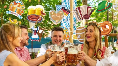 AhfuLife Oktoberfest Decorations Banner, Oktoberfest Bunting Garland 133 Inches/ 3.4 M with 10 Bavarian Patterns for German Bavarian Beer Party Supplies Autumn Decorations