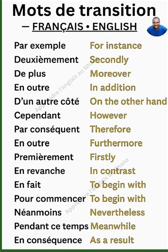 1.3M views · 5.9K reactions | Des mots de transition utiles pour écrire et parler, avec exemples et regroupements par fonction | Apprendre l'anglais au Ghana | Facebook