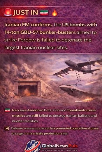 JUST IN🇮🇷🇺🇸🔥 Iranian FM confirms, the US bombs with 14-ton GBU-57 bunker-busters aimed to strike Fordow is failed to detonate the largest Iranian nuclear sites. 🇮🇷 Iran says, American B-52, F-35 and Tomahawk cruise missiles are still failed to destroy Iranian ballistic and nuclear facilities. #LIVEIncentiveProgram #LIVEIsEasy #PaidPartnership