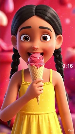 Prompt: Animated girl eating raspberry ice cream, red-pink tones, 9:16Voice: "रसभरी आइसक्रीम!"