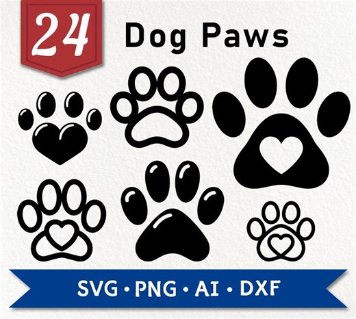 Dog Paw SVG Bundle - 24 Paws Print Designs With Hearts, Black & White Vector Clipart - Etsy