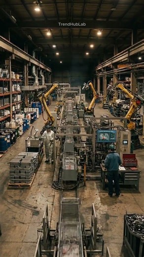 This is how car batteries are REALLY made 😳🔥#battery #carbattery #industrial #robotics #machines