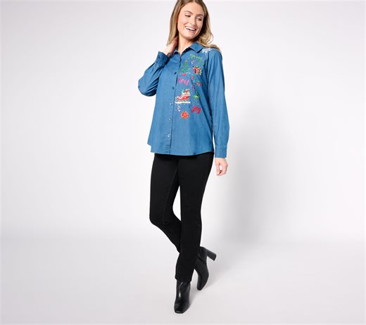 Quacker Factory Yule Side Embroidered Holiday Denim Shirt - QVC.com
