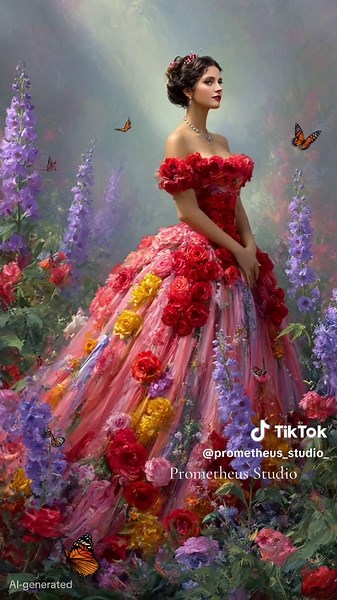 🌷 She blooms like a living garden, glowing with every color of spring. 🦋✨#romanticaesthetic #aiart #VictorianStyle #floraldress #dreamyvibes