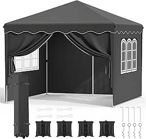 Arlopu 10x10FT Pop Up Canopy, Ez Up Commercial Instant Canopy Tent, Outdoor Portable Gazebo with 4 Sidewalls, 600D Cloth Bag, Party Canopies Market Event Tent, for Wedding/Patio (Black)