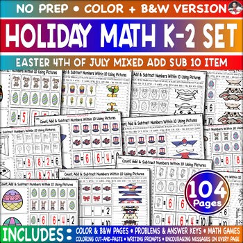 Mixed Add Sub Within 10 Easter 4th of July Kindergarten Cut Paste Color Game
