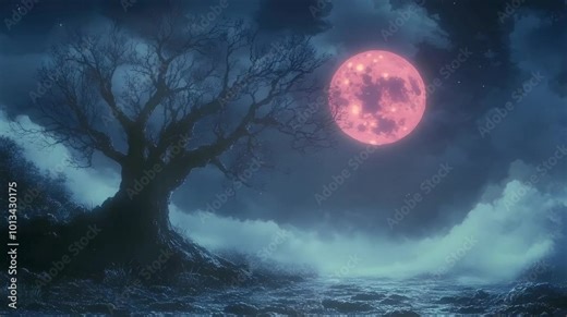 The twisted branches of the barren tree glow faintly in a desolate land, while the swirling fog adds a haunting and otherworldly atmosphere to the unsettling scene.