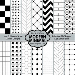 1:12 Scale Dollhouse Tile Set – Printable Black and White Miniature Flooring & Wall Patterns – Modern Bathroom Kitchen DIY Decor PDF Sheets - Etsy