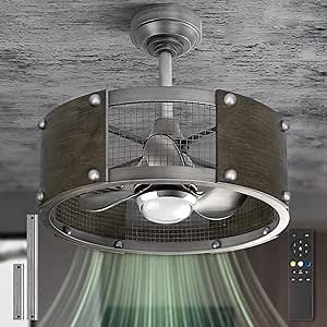 19" Industrial Caged Ceiling Fan, Modern Fandelier with Light and Remote, Drum Shade, 6 Speed/Reversible/Quiet Motor/Low Profile/Bladeless, for Living Room Bedroom Kitchen