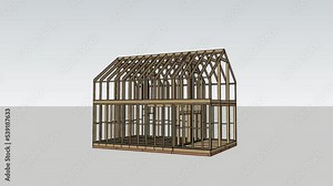 3D model of a frame wooden house. Projection in a computer program. The work of an architect. Civil engineer. Construction project preparation. Barnhouse style. Construction of a country house. Low-ri