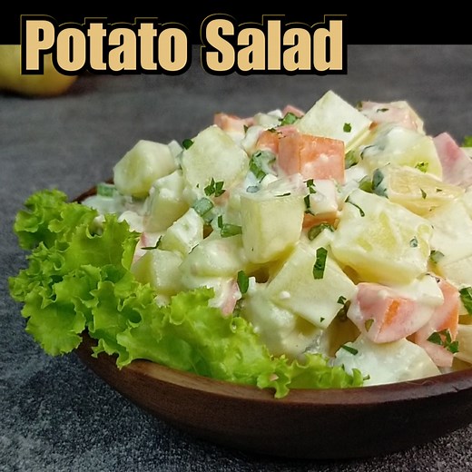 CREAMY POTATO SALAD (FILIPINO STYLE) Vegetarian Recipe INGREDIENTS: 3 large potatoes 1 carrot 2 eggs 1/3 cup sliced ham 100 g pineapple 3 stalks celery 1 white onion 220 ml mayonnaise 1 tsp ground black pepper 1 tsp salt 1 tbsp sugar PROCEDURES: 1. In a large pot of salted water, add potatoes (peeled) and eggs then bring to a boil. Cook potatoes for 15-20 minutes and cook egg for 10 minutes. When the water is boiling add carrot (peeled) then cook for 5 minutes. 2. Remove the carrot and put in a