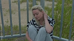 Close up problematic blonde woman. Girl in depression after experience a lot of problem in life at an outdoor location with green grass on the background during day time