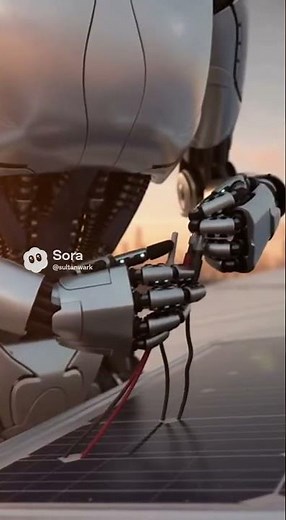 Ultra-realistic humanoid electric robot installing solar panels on a wide rooftop at sunrise.