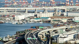 Port with boats, ships, buildings and containers - Free Stock Video