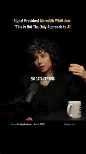 Deep Curates on Instagram: "In this talk, @signal_app president Meredith Whittaker @meredith._.meredith argues that our current definition of Al is far too narrow. She explains that the dominant model today is merely a centralized and data-hungry form of deep learning. This specific approach relies heavily on commercial surveillance and massive energy consumption to function. Whittaker reminds viewers that "Al" is historically a broad marketing term that once included very different methods like