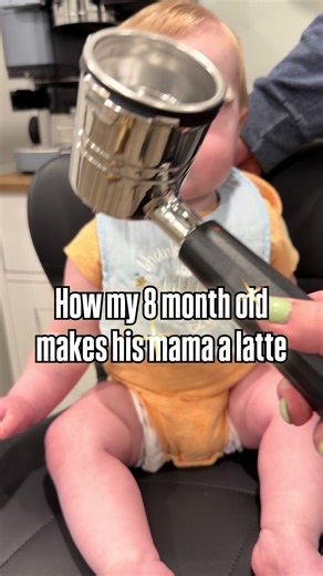 How my 8 month old makes his mama a latte. Please take notes during this very important lesson 📝 #coffee #coffeetiktok #latte #homebarista #baby
