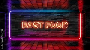 Neon sign fast food in speech bubble frame on brick wall background 3d render. Light banner on the wall background. Fast food loop junk food, design template, night neon signboard