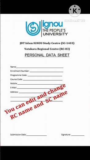 IGNOU Assignment Personal Data Sheet| Download| Word Format| Editable